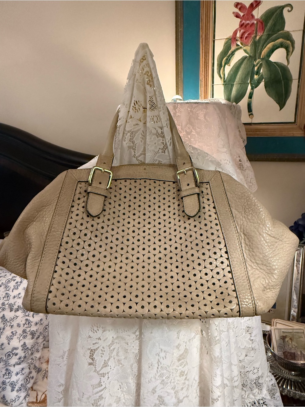 kate spade Beige Perforated Leather Shoulder Bag with Buckle Straps